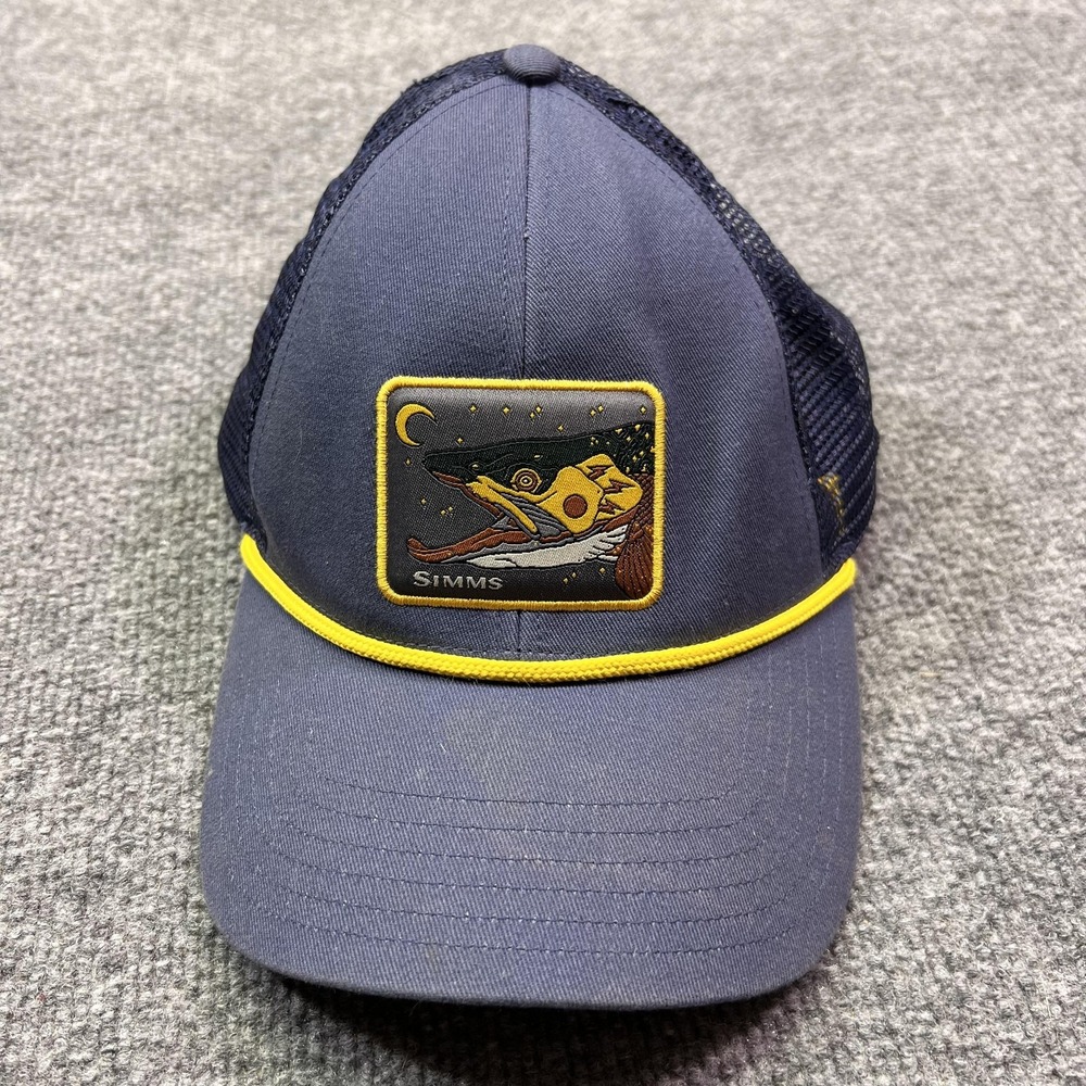 Simms Fish Patch Hat Cap Snap Back Mens Size 7 Blue Mesh Trucker Fishing Outdoor